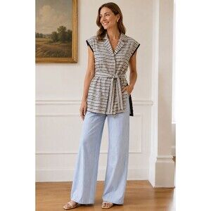 Ann Mashburn Tweed Cardigan Women’s M Black Ivory Belted Long Tunic Vest